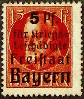 Марка почтовая (15+5 pf.). "Король Людвиг III (Помощь раненым)". 1919 год, Бавария.