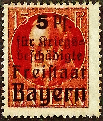 Марка почтовая (15+5 pf.). "Король Людвиг III (Помощь раненым)". 1919 год, Бавария.