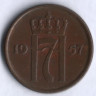 Монета 2 эре. 1957 год, Норвегия.