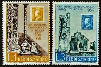 Набор марок (2 шт.). "Юбилейная марка Сицилии". 1959 год, Сан-Марино.