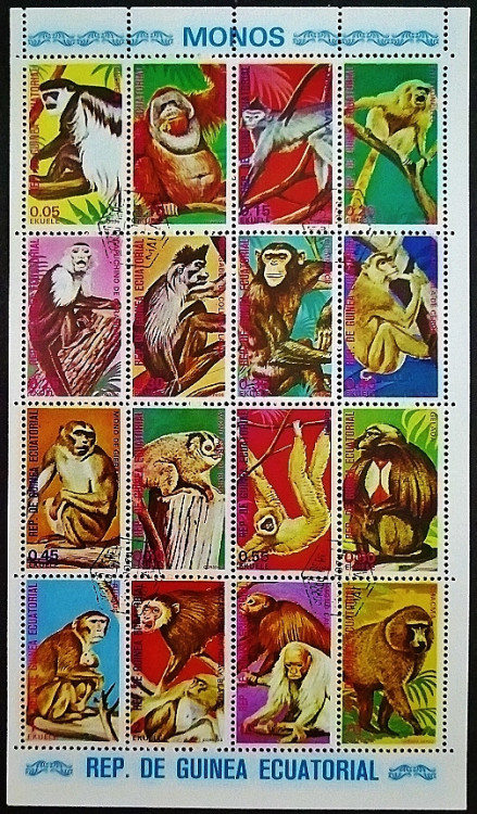 Блок почтовых марок (16 шт.). "Обезьяны". 1975 год, Экваториальная Гвинея.