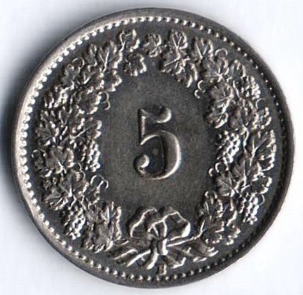 Монета 5 раппенов. 1934 год, Швейцария.