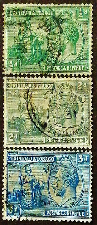 Набор почтовых марок (3 шт.). "Король Георг V и Британия". 1922 год, Тринидад и Тобаго. 