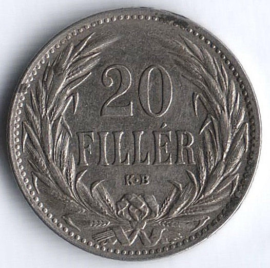 Монета 20 филлеров. 1914(KB) год, Венгрия.