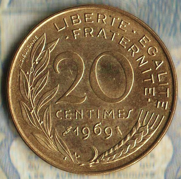 Монета 20 сантимов. 1969 год, Франция.