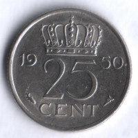 Монета 25 центов. 1950 год, Нидерланды.