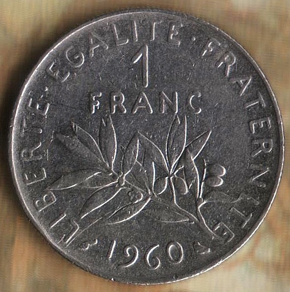 Монета 1 франк. 1960 год, Франция. Цифра "0" большего размера, овальной формы.