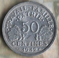 Монета 50 сантимов. 1942 год, Франция.