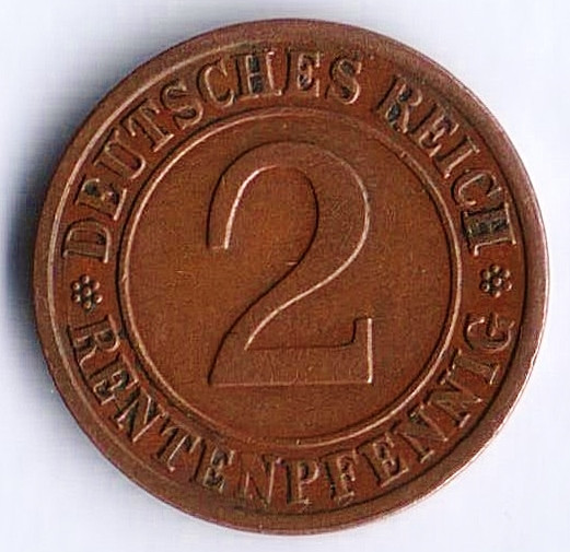 Монета 2 рентенпфеннига. 1924 год (G), Веймарская республика.