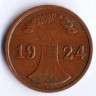 Монета 2 рентенпфеннига. 1924 год (G), Веймарская республика.
