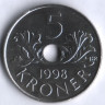 Монета 5 крон. 1998 год, Норвегия.