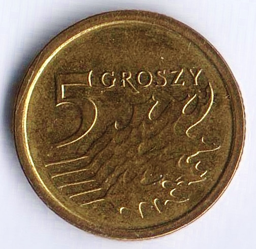 Монета 5 грошей. 2015(l) год, Польша.