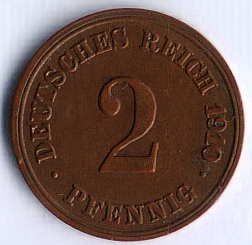 Монета 2 пфеннига. 1910 год (E), Германская империя.