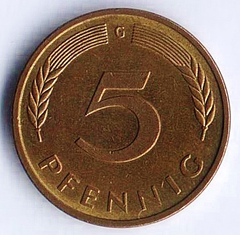 Монета 5 пфеннигов. 1987(G) год, ФРГ.