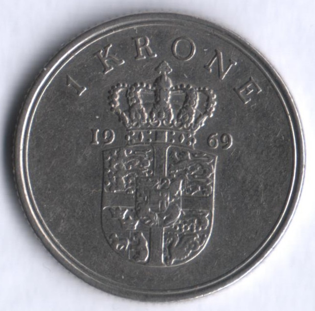 Монета 1 крона. 1969 год, Дания. C;S.
