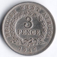 Монета 3 пенса. 1947(H) год, Британская Западная Африка.