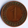Монета 1 рейхспфенниг. 1924 год (G), Веймарская республика.