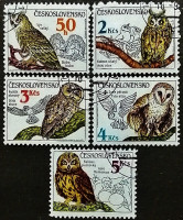 Набор почтовых марок (5 шт.). "Совы". 1986 год, Чехословакия.
