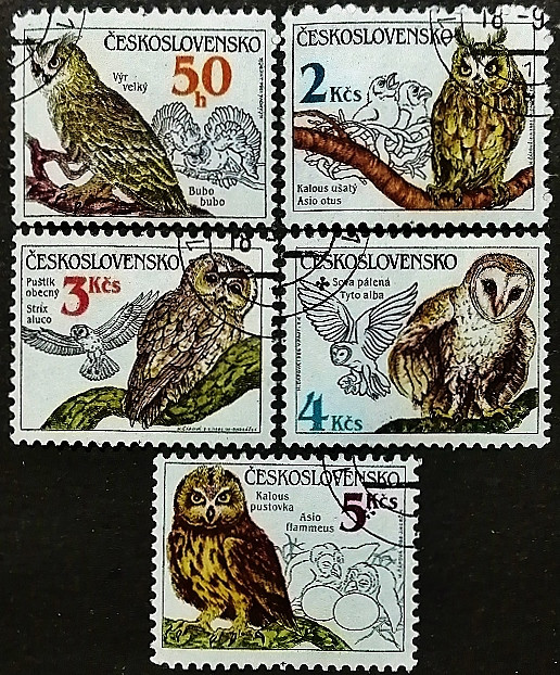 Набор почтовых марок (5 шт.). "Совы". 1986 год, Чехословакия.