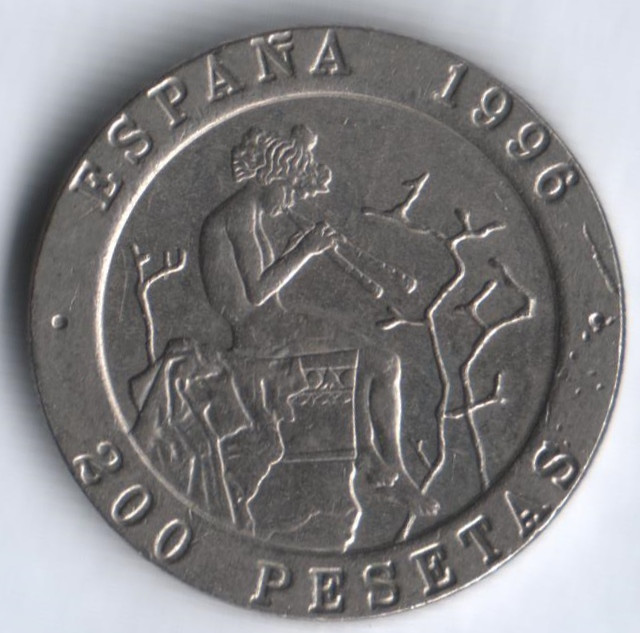 Монета 200 песет. 1996 год, Испания. Картины Фортуни и Бальо.