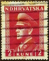 Почтовая марка (2 k.). "Анте Павелич". 1943 год, Хорватия.