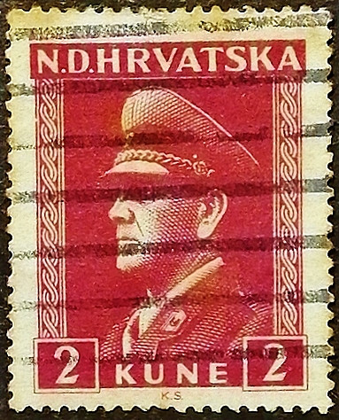 Почтовая марка (2 k.). "Анте Павелич". 1943 год, Хорватия.