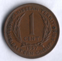 Монета 1 цент. 1957 год, Британские Карибские Территории.