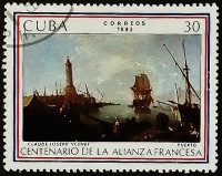 Почтовая марка. "100 лет Альянса Франсез, Клод Жозеф Верне "Гавань"". 1983 год, Куба.