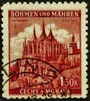 Почтовая марка (1,5 kr.). "Собор Святой Варвары, Кутна-Гора". 1941 год, Богемия и Моравия.