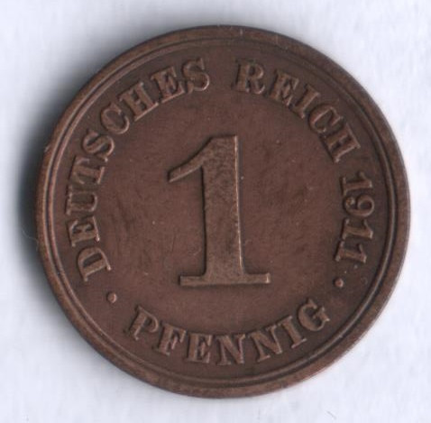 Монета 1 пфенниг. 1911 год (E), Германская империя.