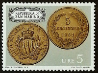 Почтовая марка. "Монеты Сан-Марино". 1972 год, Сан-Марино.