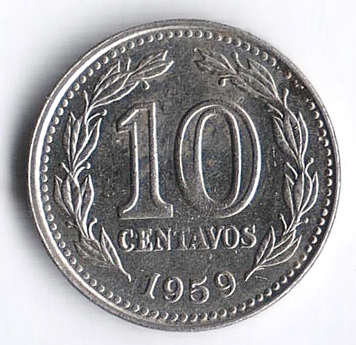 Монета 10 сентаво. 1959 год, Аргентина.