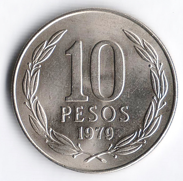 Монета 10 песо. 1979 год, Чили.
