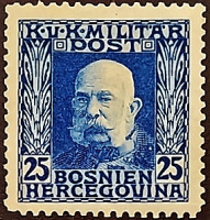 Марка почтовая (25 h.). "Император Франц Иосиф I". 1916 год, Босния и Герцеговина (австро-венгерская администрация).