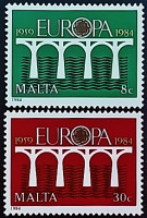 Набор марок (2 шт.). "Европа (C.E.P.T.) — Мост, 25-летие C.E.P.T". 1984 год, Мальта.