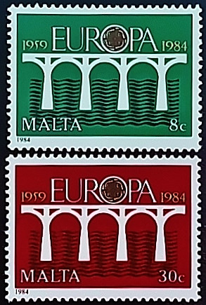 Набор марок (2 шт.). "Европа (C.E.P.T.) — Мост, 25-летие C.E.P.T". 1984 год, Мальта. Набор марок (2 шт.). "Европа (C.E.P.T.) — Мост, 25-летие C.E.P.T". 1984 год, Мальта.