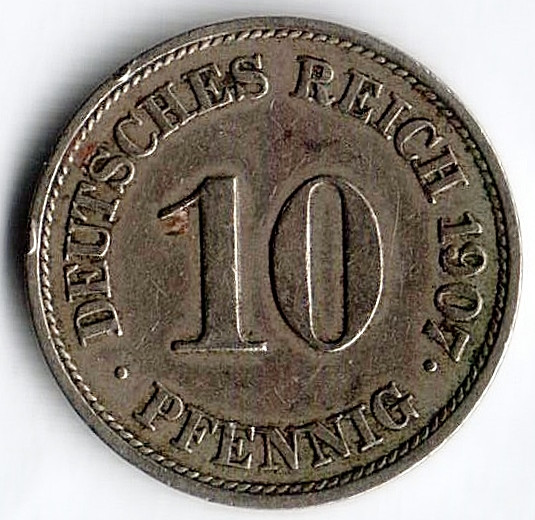 Монета 10 пфеннигов. 1907 год (J), Германская империя.