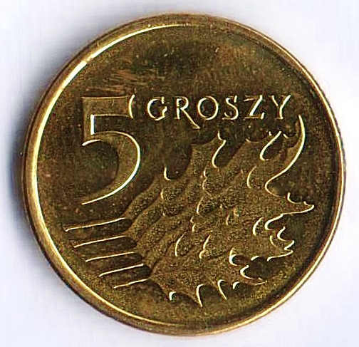 Монета 5 грошей. 2017 год, Польша.