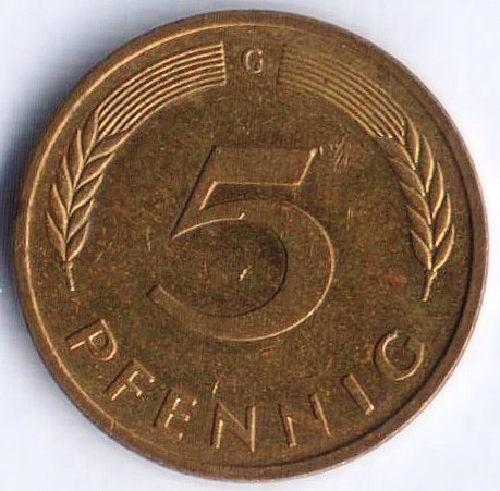 Монета 5 пфеннигов. 1988(G) год, ФРГ.