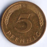 Монета 5 пфеннигов. 1988(G) год, ФРГ.