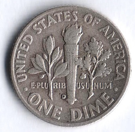 Монета 10 центов. 1951(D) год, США.