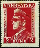 Марка почтовая (2 k.). "Анте Павелич". 1943 год, Хорватия.