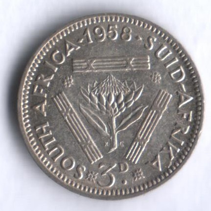 3 пенса. 1958 год, Южная Африка.