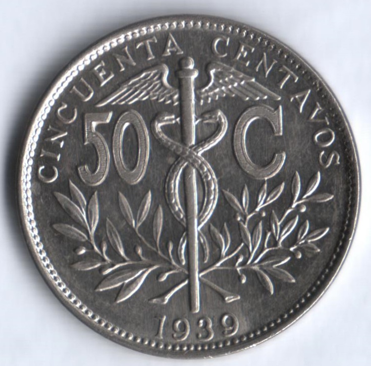 Монета 50 сентаво. 1939 год, Боливия.