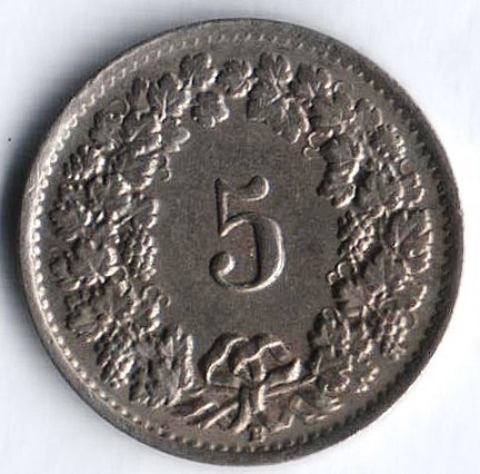 Монета 5 раппенов. 1948 год, Швейцария.