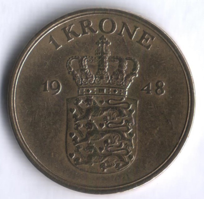 Монета 1 крона. 1948 год, Дания. N;S.