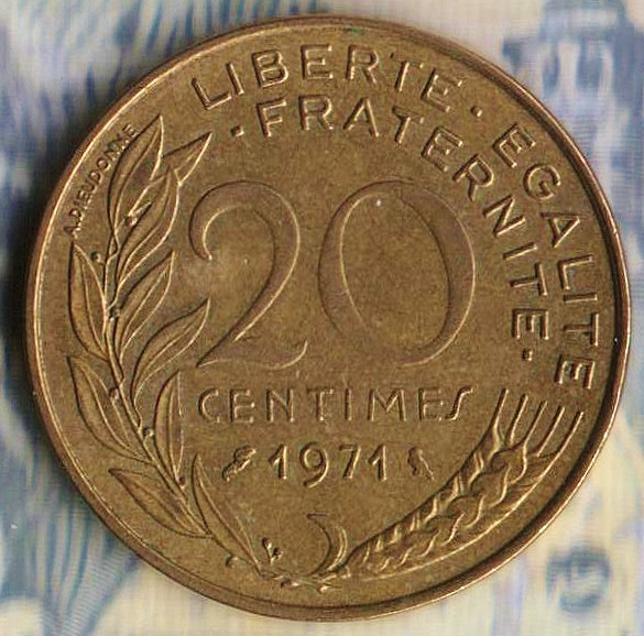 Монета 20 сантимов. 1971 год, Франция.