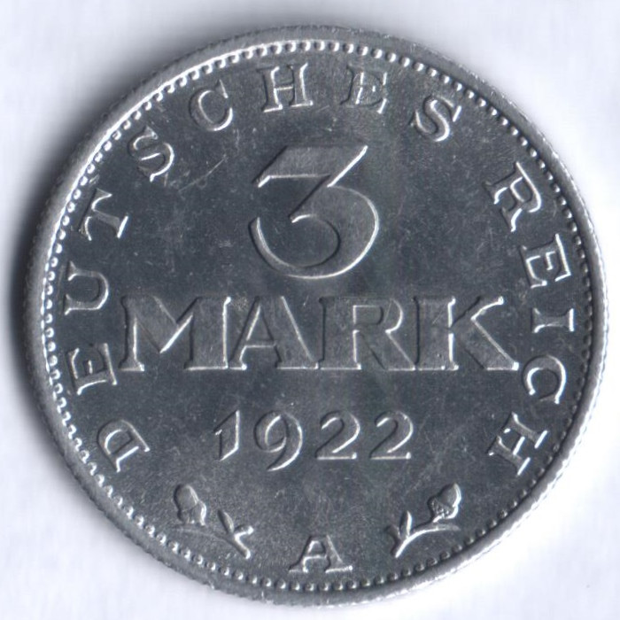 Монета 3 марки. 1922 год (А), Веймарская республика.