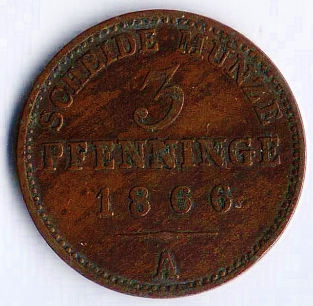 Монета 3 пфеннига. 1866(А) год, Пруссия.
