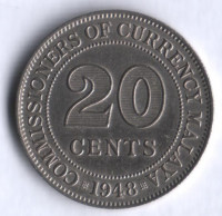 Монета 20 центов. 1948 год, Малайя.